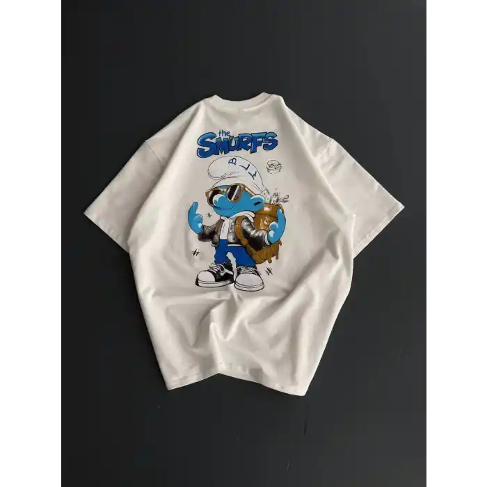 Ön ve Arka Baskılı Oversize Bisiklet Yaka T-shirt- Beyaz