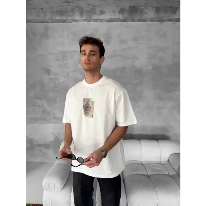 Ön ve Arka Baskılı Oversize Bisiklet Yaka T-shirt - Beyaz