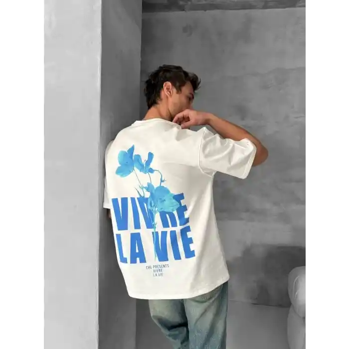 Ön ve Arka Baskılı Oversize Bisiklet Yaka T-shirt- Beyaz