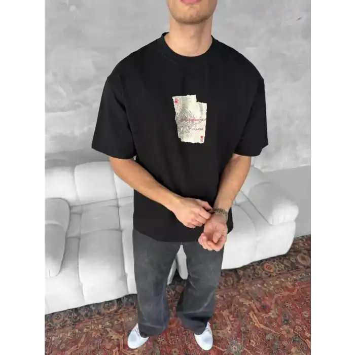 Ön ve Arka Baskılı Oversize Bisiklet Yaka T-shirt - Siyah