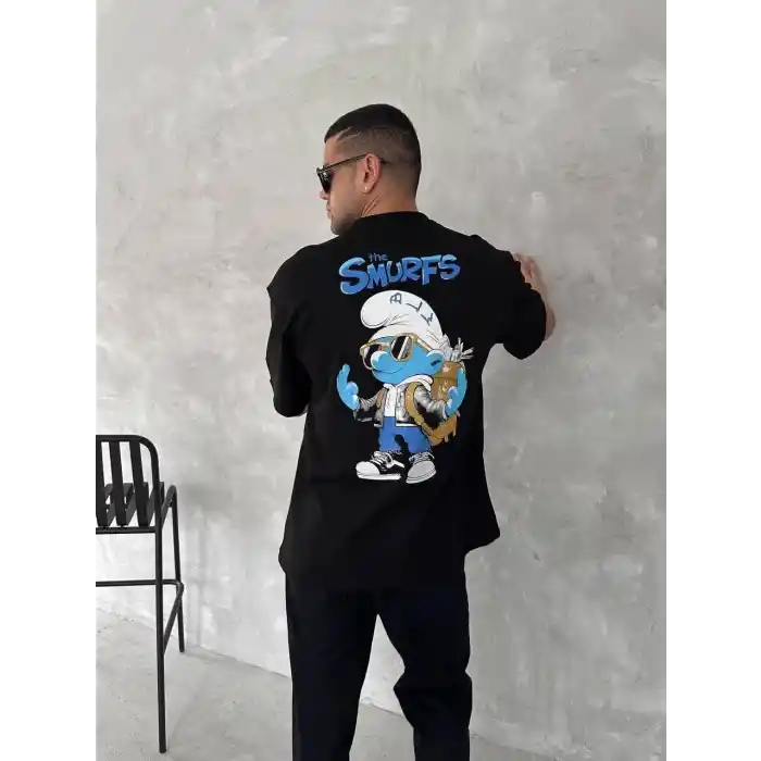 Ön ve Arka Baskılı Oversize Bisiklet Yaka T-shirt- Siyah