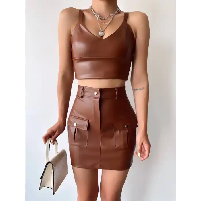 Önden iki cepli deri etek kahve h240040