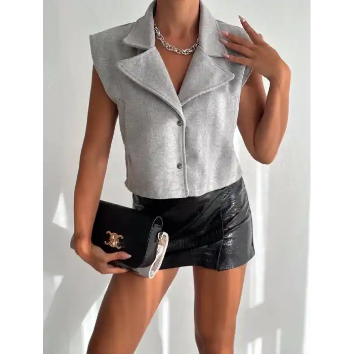 Önü çıtçıtlı cepli kaşe yelek gri f2253