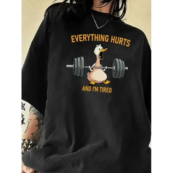 Ördek Baskılı ve Yuvarlak Yakalı Kadın Günlük Büyük Boy Siyah Tişört. - Siyah