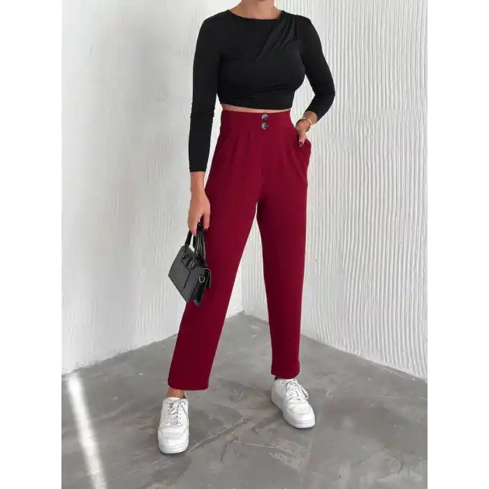 örme krep pantolon çift düğmeli