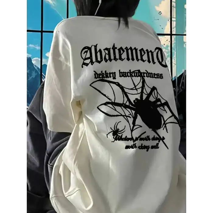 Örümcek Ağı Desenli Baskılı Oversize Bisiklet Yaka T-shirt  - Beyaz