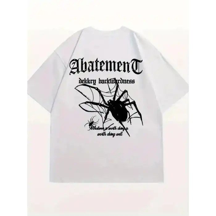 Örümcek Ağı Desenli Baskılı Oversize Bisiklet Yaka T-shirt  - Beyaz