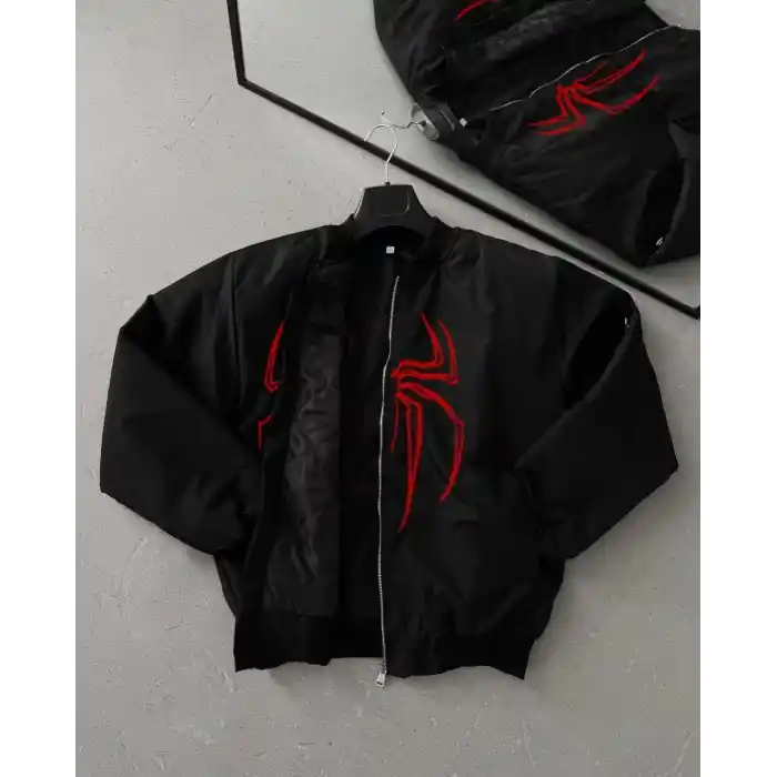 Örümcek Desenli Siyah Bomber Mont – Unisex Kullanıma Uygun, Fermuarlı Cepli, Kapitone Astarlı, Bahar Kış Günlük Giyim İçin Moda Ceket Modeli - Siyah