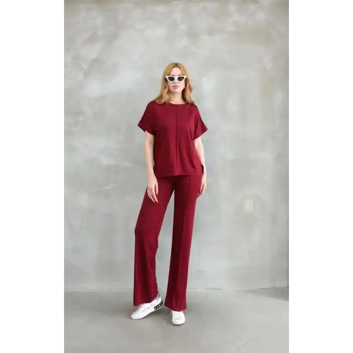 Osy Modal Yumuşak dokulu Kumaş Bisiklet Yaka Kısa Kollu Takım - Bordo