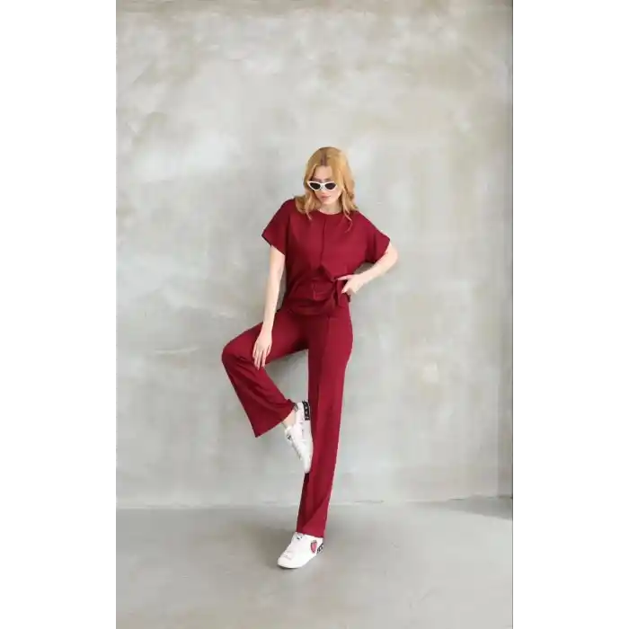 Osy Modal Yumuşak dokulu Kumaş Bisiklet Yaka Kısa Kollu Takım - Bordo