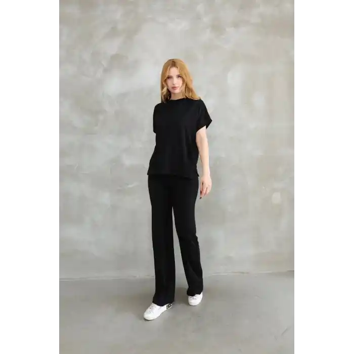 Osy Modal Yumuşak dokulu Kumaş Bisiklet Yaka Kısa Kollu Takım - Siyah