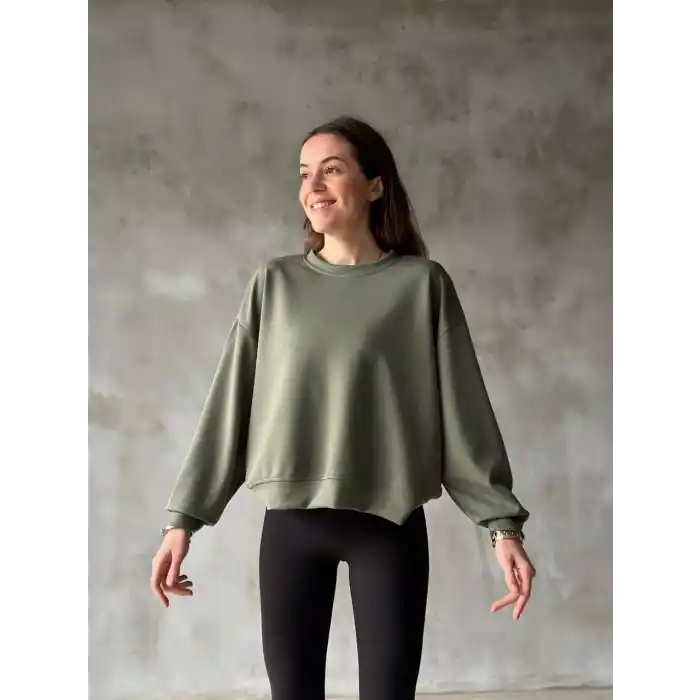 Osy Modal Yumuşak dokulu Kumaş Bisiklet Yaka Oversize Sweatshirt - Haki