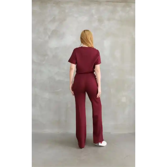 Osy Modal Yumuşak dokulu Kumaş Bisiklet Yaka Parçalı detaylı Kısa Kollu Takım - Bordo