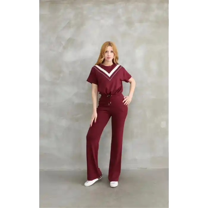 Osy Modal Yumuşak dokulu Kumaş Bisiklet Yaka Parçalı detaylı Kısa Kollu Takım - Bordo
