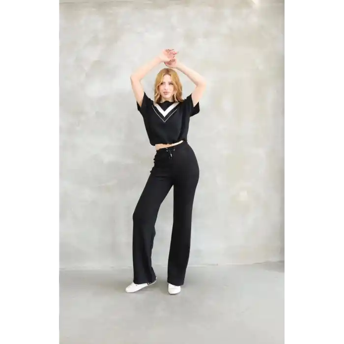 Osy Modal Yumuşak dokulu Kumaş Bisiklet Yaka Parçalı detaylı Kısa Kollu Takım - Siyah