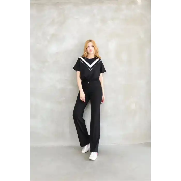 Osy Modal Yumuşak dokulu Kumaş Bisiklet Yaka Parçalı detaylı Kısa Kollu Takım - Siyah