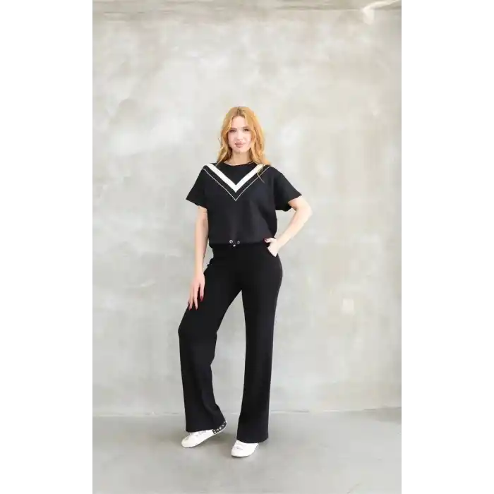 Osy Modal Yumuşak dokulu Kumaş Bisiklet Yaka Parçalı detaylı Kısa Kollu Takım - Siyah
