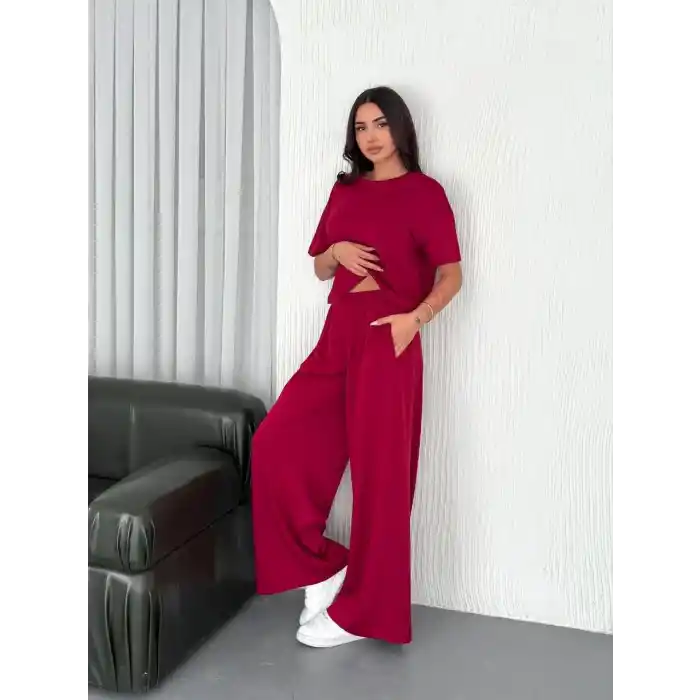 Osy Modal Yumuşak Dokulu Kumaş Bisiklet Yaka T-shirt Bol paça Pantalon ikili Takım -Bordo