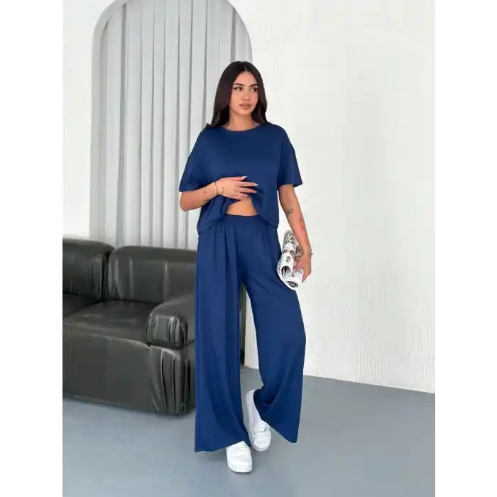 Osy Modal Yumuşak Dokulu Kumaş Bisiklet Yaka T-shirt Bol paça Pantalon ikili Takım -Saks Mavi