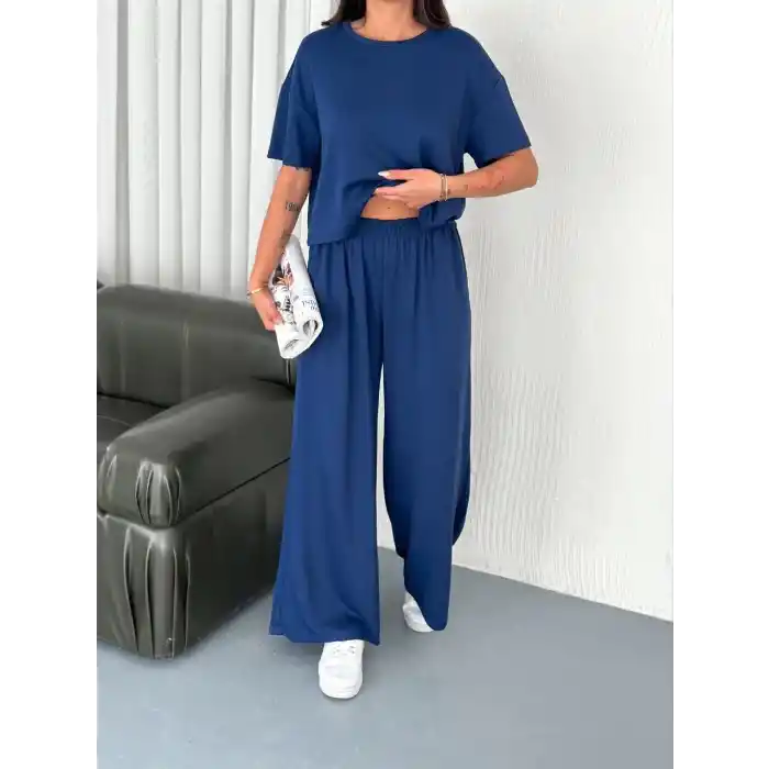 Osy Modal Yumuşak Dokulu Kumaş Bisiklet Yaka T-shirt Bol paça Pantalon ikili Takım -Saks Mavi