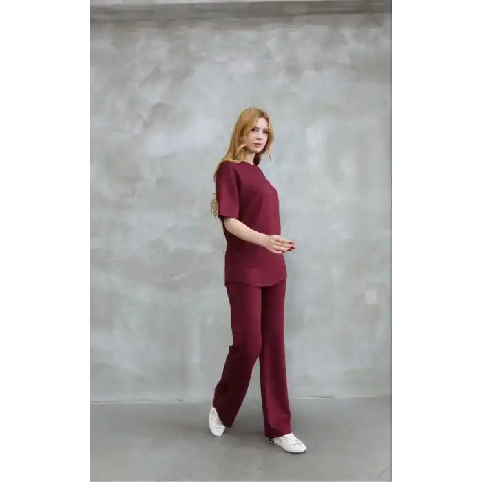 Osy Modal Yumuşak dokulu Kumaş Bisiklet Yaka Taş detaylı Kısa Kollu Takım - Bordo