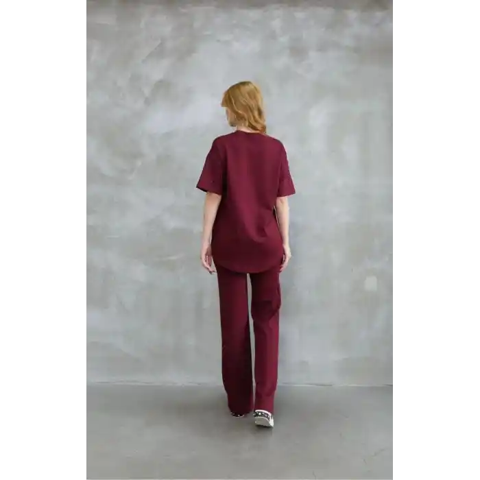 Osy Modal Yumuşak dokulu Kumaş Bisiklet Yaka Taş detaylı Kısa Kollu Takım - Bordo