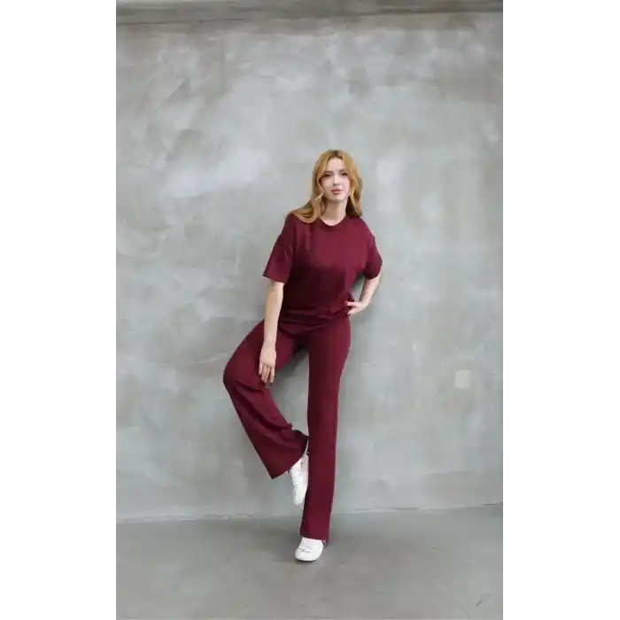 Osy Modal Yumuşak dokulu Kumaş Bisiklet Yaka Taş detaylı Kısa Kollu Takım - Bordo