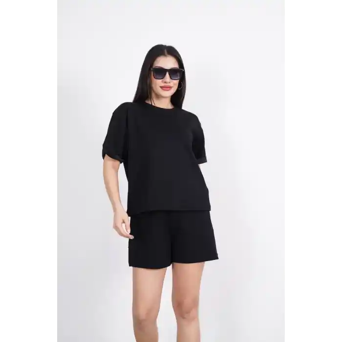 Osy Modal yumuşak dokulu Kumaş Kadın Bisiklet Yaka T-shirt Kısa Şort İkili Takım - Siyah