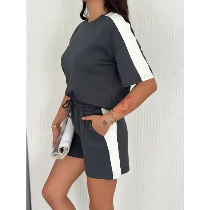 Osy Modal yumuşak dokulu Kumaş Kadın Parçalı Bisiklet Yaka T-shirt Kısa Şort İkili Takım - Antrasit