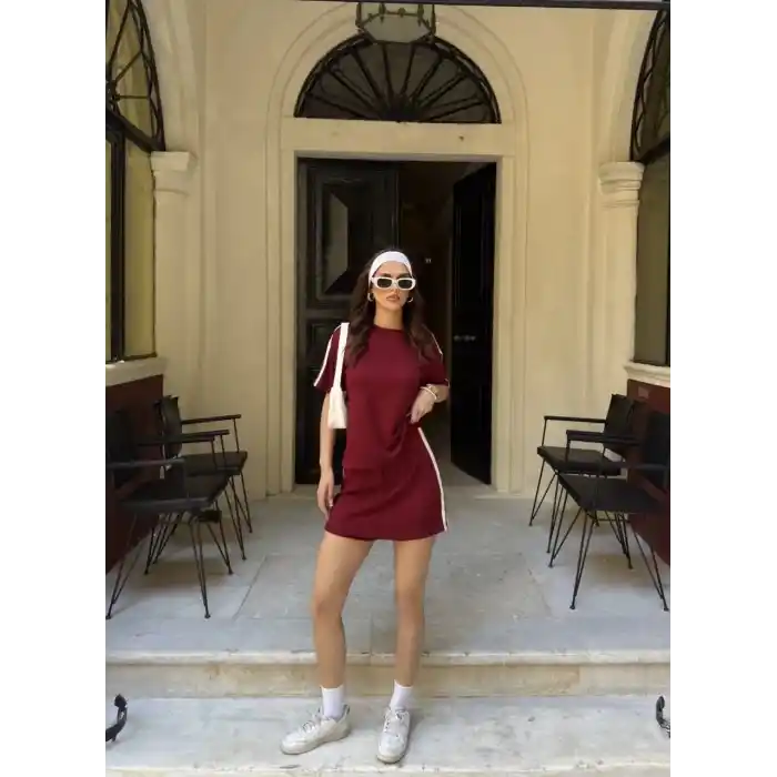 Osy Modal yumuşak dokulu Kumaş Kadın Parçalı Bisiklet Yaka T-shirt Mini Şortlu Etek İkili Takım -Bordo