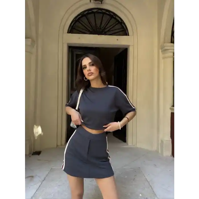 Osy Modal yumuşak dokulu Kumaş Kadın Parçalı Bisiklet Yaka T-shirt Mini Şortlu Etek İkili Takım - Füme