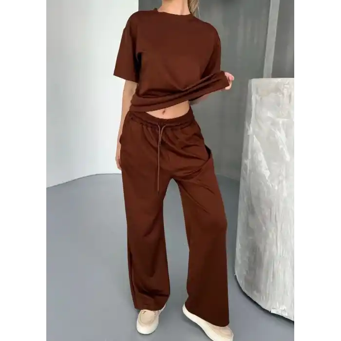Osy Modal Yumuşak Dokulu Kumaş Kısa Kollu Bluz Rahat Pantalon ikili Takım- Kahverengi