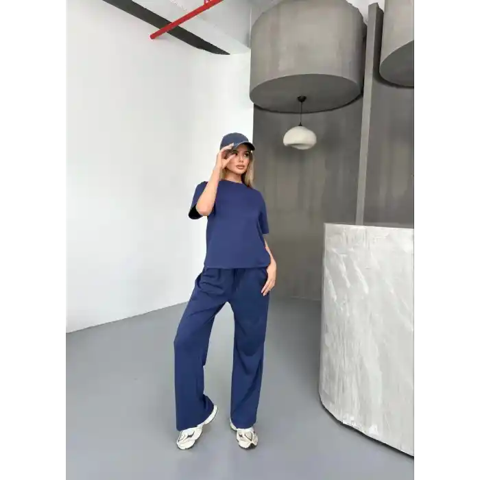 Osy Modal Yumuşak Dokulu Kumaş Kısa Kollu Bluz Rahat Pantalon ikili Takım- Lacivert