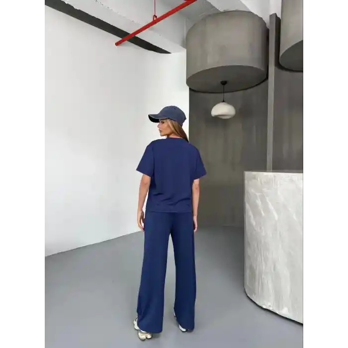 Osy Modal Yumuşak Dokulu Kumaş Kısa Kollu Bluz Rahat Pantalon ikili Takım- Lacivert