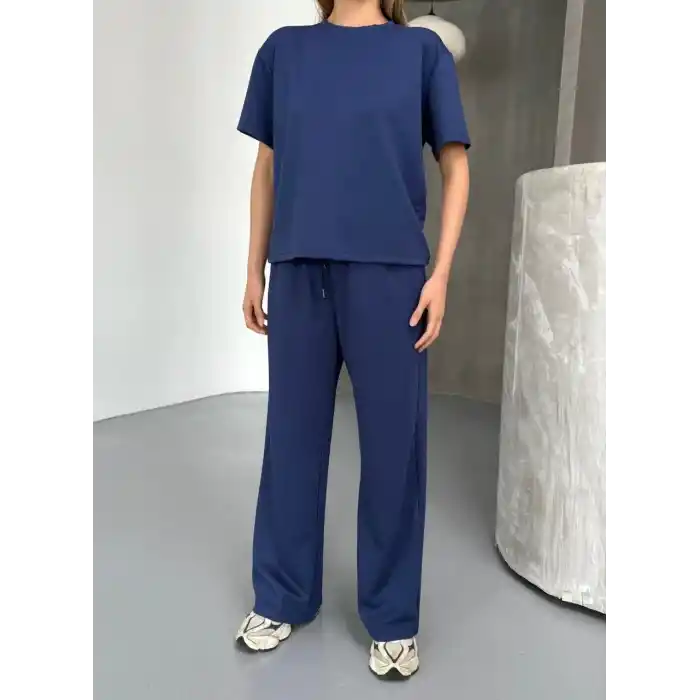Osy Modal Yumuşak Dokulu Kumaş Kısa Kollu Bluz Rahat Pantalon ikili Takım- Lacivert