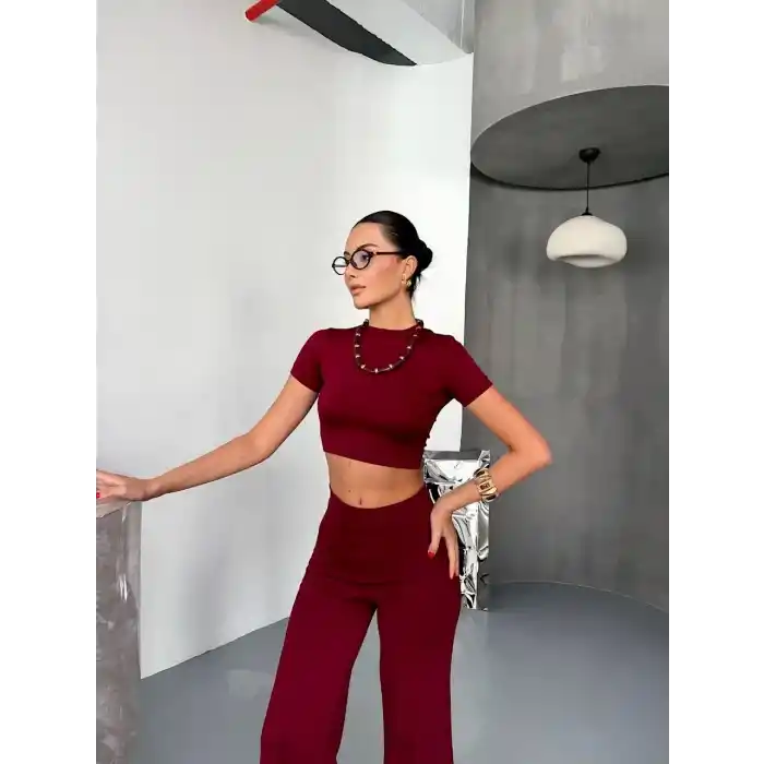 Osy Modal Yumuşak Dokulu Kumaş Kısa Kollu Crop Alt ispanyol Paça Pantalon ikili Takım - Bordo