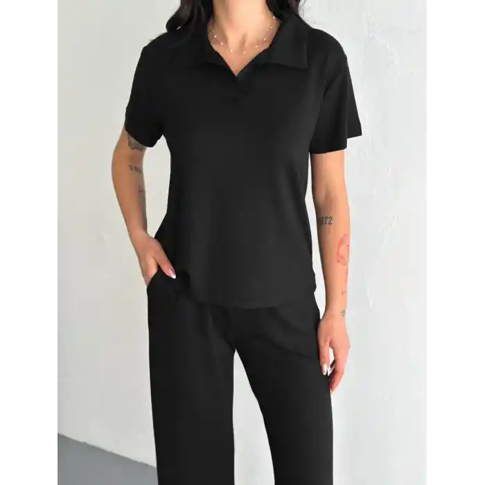 Osy Modal Yumuşak Dokulu Kumaş Kısa Kollu Yakalı T-shirt Pantalon ikili Takım- Siyah