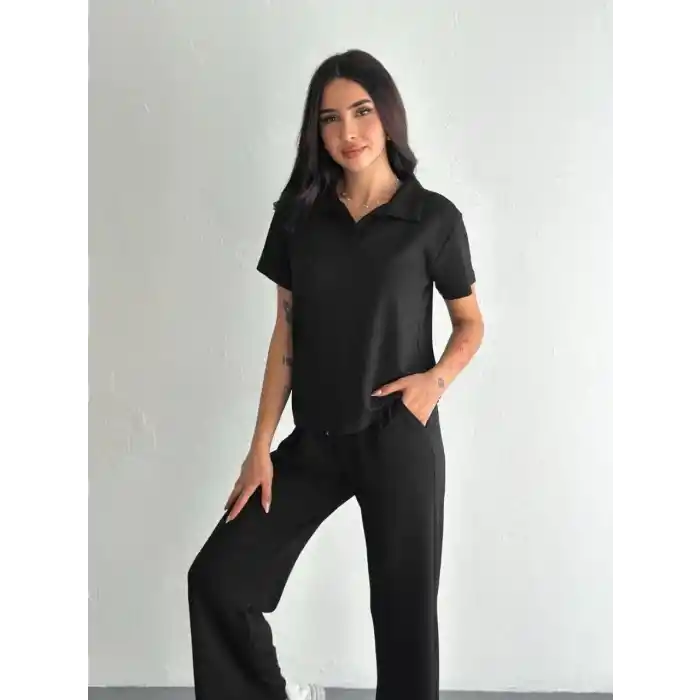 Osy Modal Yumuşak Dokulu Kumaş Kısa Kollu Yakalı T-shirt Pantalon ikili Takım- Siyah