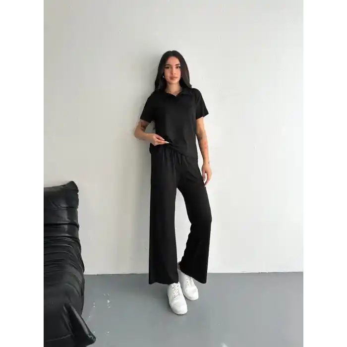 Osy Modal Yumuşak Dokulu Kumaş Kısa Kollu Yakalı T-shirt Pantalon ikili Takım- Siyah