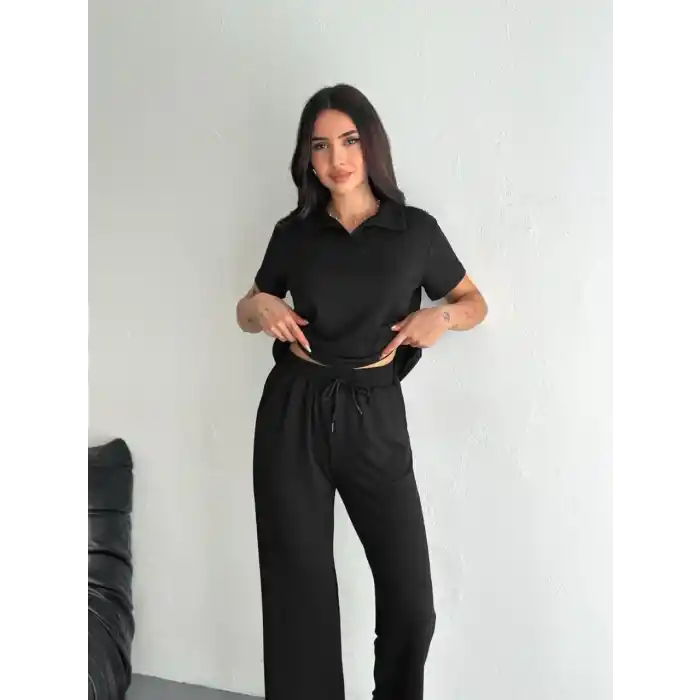 Osy Modal Yumuşak Dokulu Kumaş Kısa Kollu Yakalı T-shirt Pantalon ikili Takım- Siyah