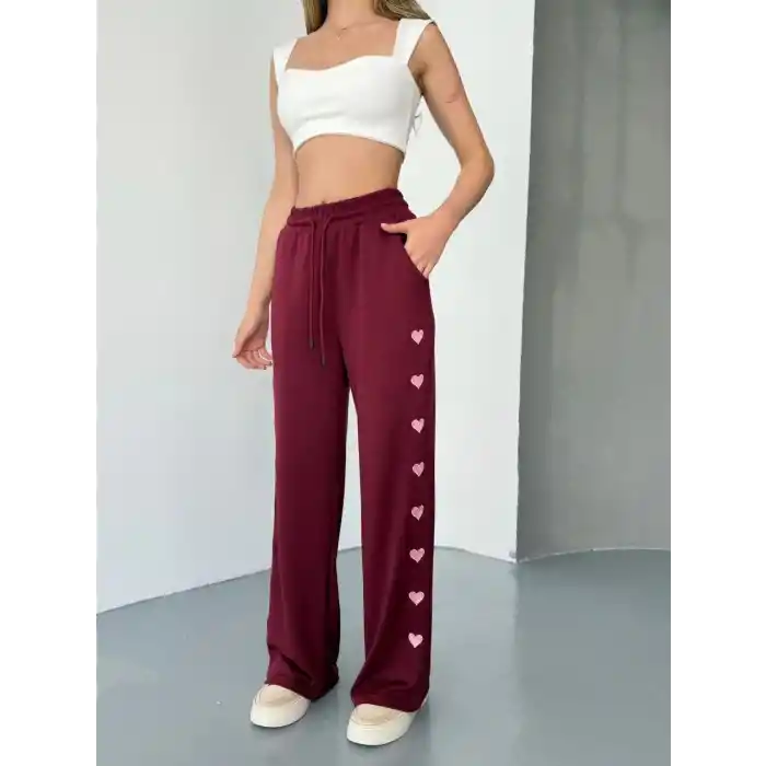Osy Modal Yumuşak Dokulu Kumaş Nakış işlemeli Rahat Bol Paça Eşofman Pantalon - Bordo