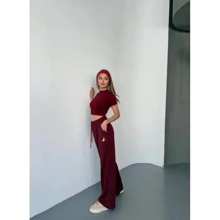 Osy Modal Yumuşak Dokulu Kumaş Nakış işlemeli Rahat Bol Paça Eşofman Pantalon - Bordo