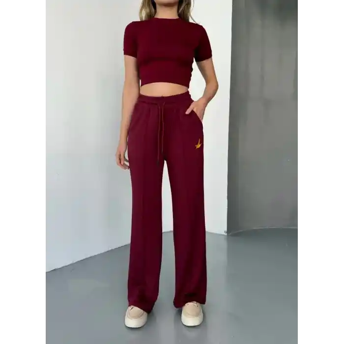 Osy Modal Yumuşak Dokulu Kumaş Nakış işlemeli Rahat Bol Paça Eşofman Pantalon - Bordo