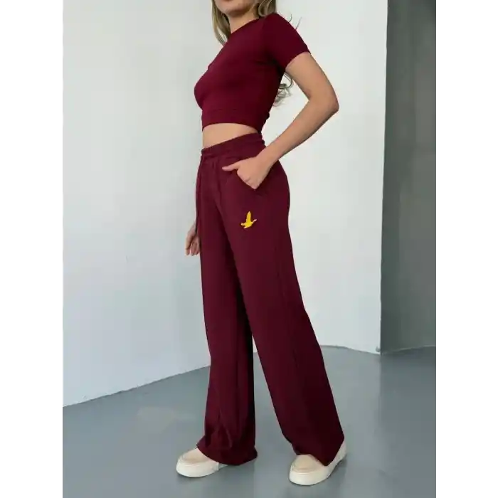 Osy Modal Yumuşak Dokulu Kumaş Nakış işlemeli Rahat Bol Paça Eşofman Pantalon - Bordo
