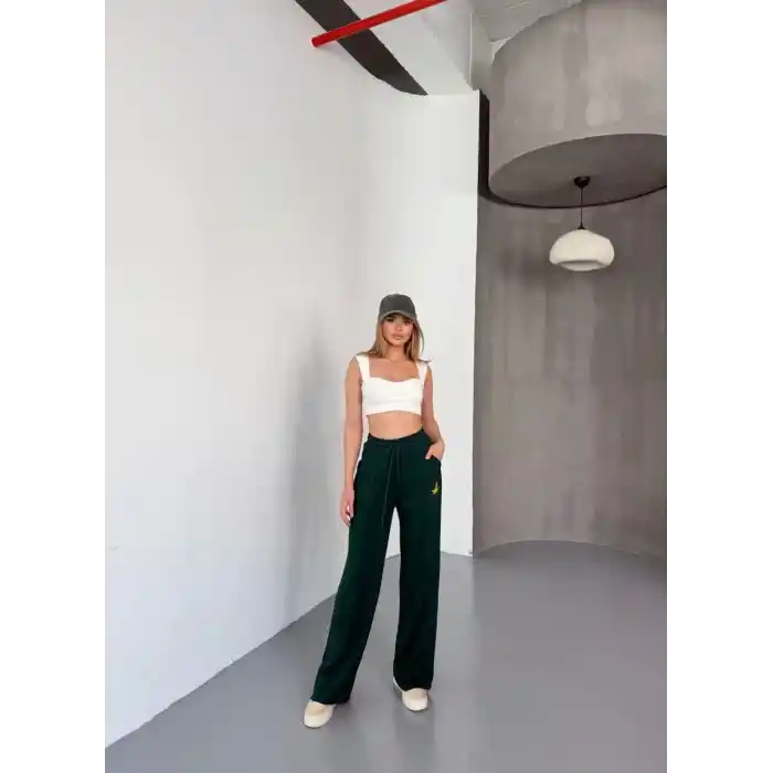 Osy Modal Yumuşak Dokulu Kumaş Nakış işlemeli Rahat Bol Paça Eşofman Pantalon - Yeşil