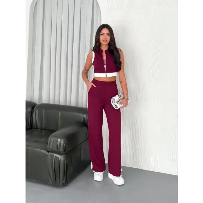 Osy Modal Yumuşak Dokulu Kumaş Tam Fermuarlı Crop Pantalon İkili Takım - Bordo