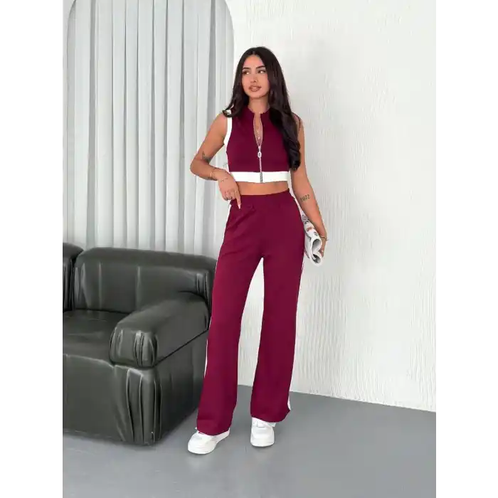 Osy Modal Yumuşak Dokulu Kumaş Tam Fermuarlı Crop Pantalon İkili Takım - Bordo