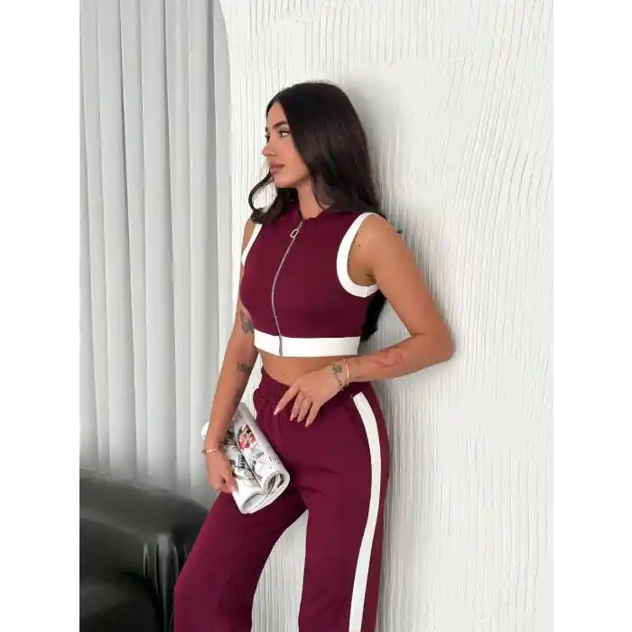 Osy Modal Yumuşak Dokulu Kumaş Tam Fermuarlı Crop Pantalon İkili Takım - Bordo
