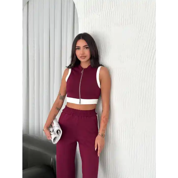 Osy Modal Yumuşak Dokulu Kumaş Tam Fermuarlı Crop Pantalon İkili Takım - Bordo