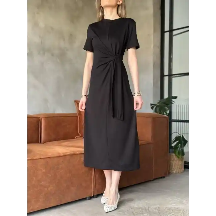 Osy Modal Yumuşak Dokulu Kumaş Yandan Bağlamalı Elbise - Siyah